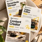 Tres tarjetas de ofertas de Ola Creators: Social Media Manager, Video Editor y Content Creator